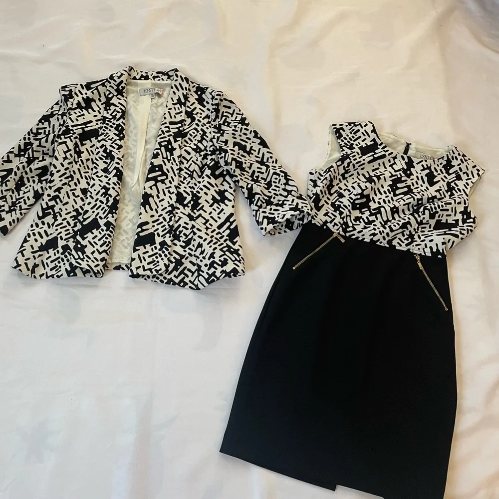 Kasper Black/White Sleeveless Dress w/Abstract Matching Jacket, Size‎ 2P and 4P